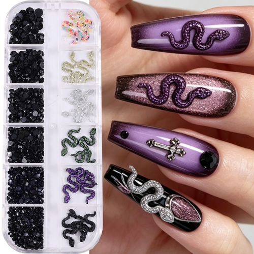 1Box Black Snake Nail Rhinestone Charms 3D Alloy Snake Nail Art Decoration Diamond Halloween Manicure Accessories