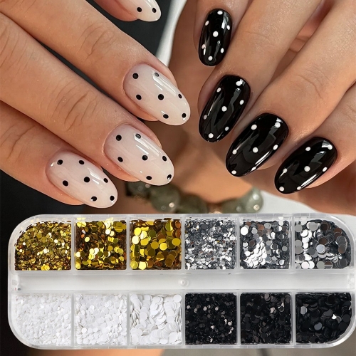 1box Mini Circular Nail Glitter Sequin Golden Silvery Black White Polka Dot Design With Mixed Size Nail Flakes for Nail Art