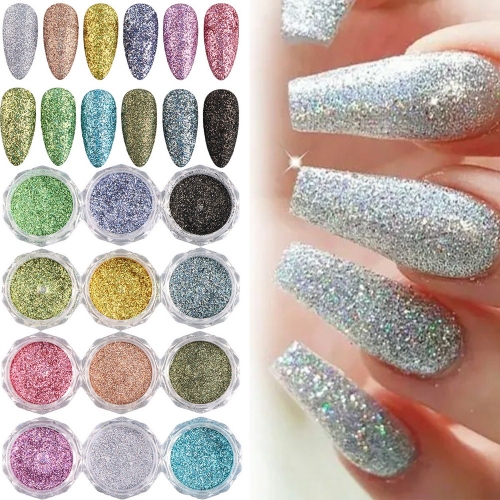 12Colors/set Holographic Chrome Nail Glitter Powder Ultra Fine Iridescent Diamond Nails Dust Shiny Sugar Powder Flakes