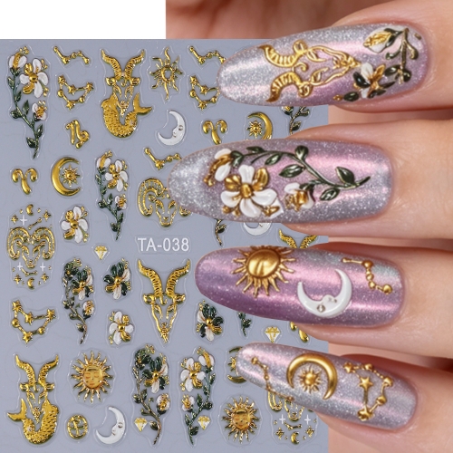 1pc 5D Embossed Nail Art Decor Retro Gold Ram & Celestial Flowers Luxury Manicure Supplies for Summer Wedding, Music Festival