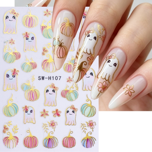 1pc Halloween Nail Stickers Bronzing Border Cartoon Ghost Pumpkin Design Self Adhesive Nail Decals DIY Manicure Decoration
