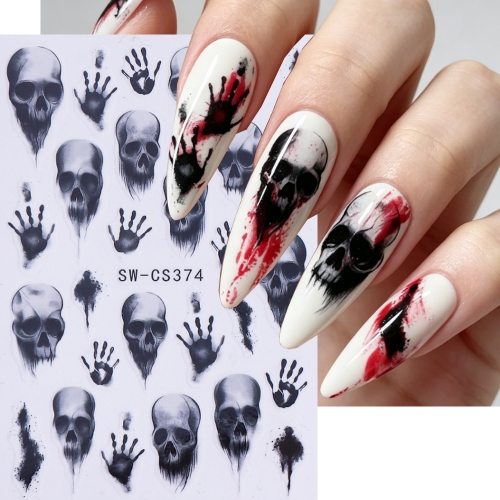 1pc Horror Gothic Halloween Nail Stickers Black Skull Bloody Handprint Self‑Adhesive Nail Decals Punk Style Manicure Decoration