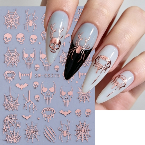 1pc Halloween Nail Stickers Rose Gold Skull Bat Spider Web Teeth Self-Adhesive Nail Decals Manicure Decorations for Women