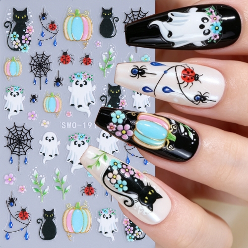 1pc Cute Halloween Nail Stickers Colorful Pumpkin Ghost Black Cat Spider Web Ladybug Florals Nail Decals Manicure Decoration