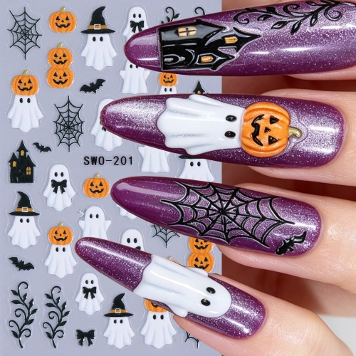 1pc Halloween Nail Sticker Cute Cartoon Ghost Castle Bat Pumpkin Silver/Gold Border Design Nail Decals DIY Manicure Decoration