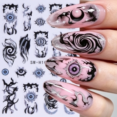 1pc Black Halloween Series Nail Sticker Shimmer Devil's Eye Smoky Swirl Magic Hat Design Adhesive Decal Manicure Trending Decor
