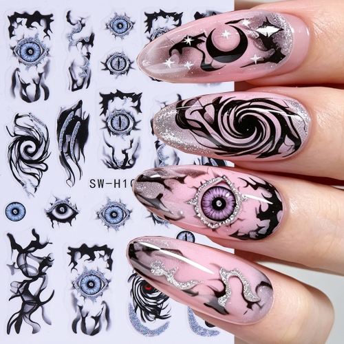 1pc Black Halloween Series Nail Sticker Shimmer Devil's Eye Smoky Swirl Magic Hat Design Adhesive Decal Manicure Trending Decor