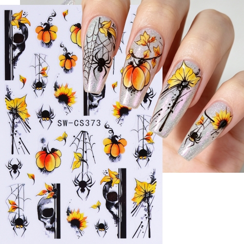 1pc Halloween Nail Stickers Dark Skull Spider Web Pumpkin Sunflower Leaves Pattern Nail Decals Manicure Decor