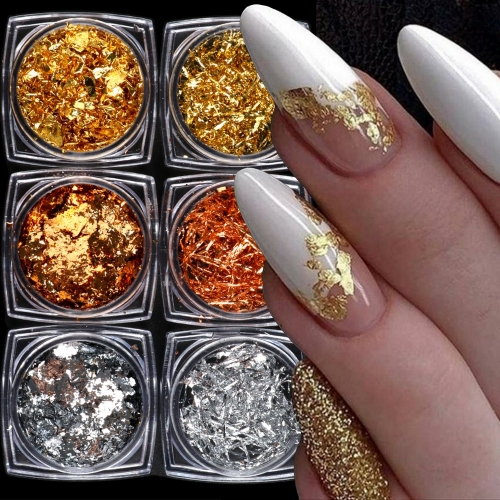 6jars/set Metallic Nail Foil Flakes Golden Silvery Champagne Golden Irregular Foil Sequins Nail Art Charms for Autumn Nail Decor