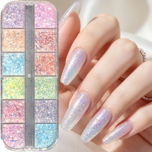 1box Aurora Opal Nail Glitter Flakes Set Iridescent Holographic Chunky Sequins Rainbow Shimmer Nail Art Decoration