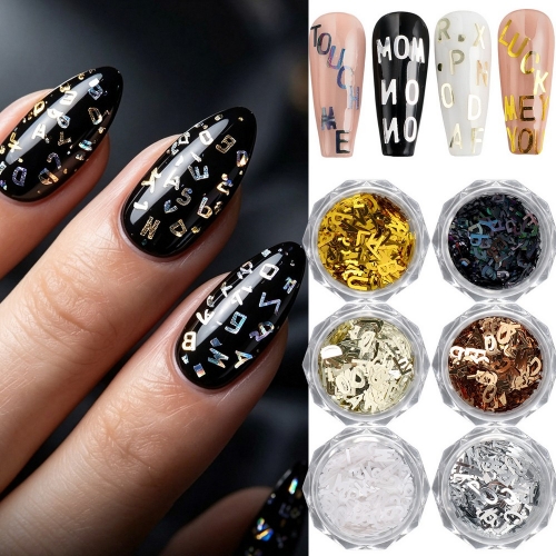 6colors/set Alphabet Letter Nail Glitter Sequins Letter Flakes Gold Silver Black White Nail Art Decorations Accessories Manicure Charms