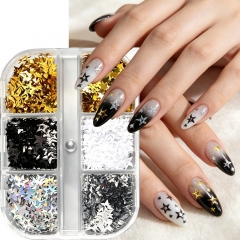 1box Mini Star Nail Glitter Sequins Golden Silvery Black White Laser Mixed Size Five Pointed Star Flakes Nail Deoration