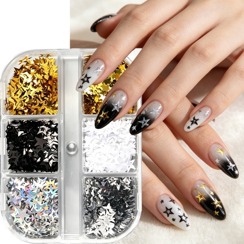 1box Mini Star Nail Glitter Sequins Golden Silvery Black White Laser Mixed Size Five Pointed Star Flakes Nail Deoration