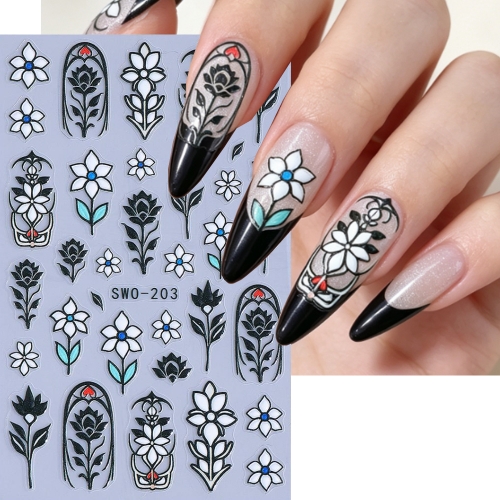 1pc Vintage Gothic Flower Nail Stickers Black White Florals Adhesive Nail Decals Retro Church Window DIY Manicure Decorations