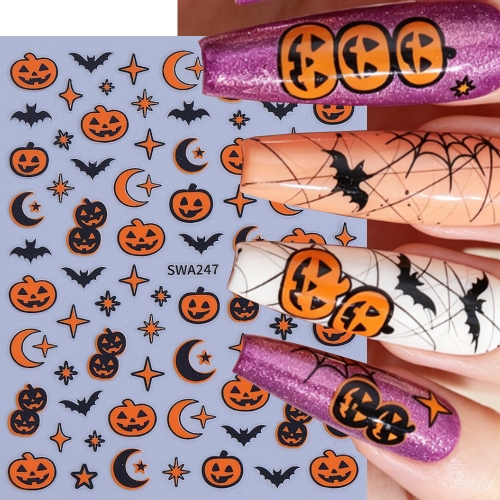 1pc Halloween Nail Stickers Cute Cartoon Pumpkin Bat Spider web Star Moon Design Self Adhesive Nail Decals Manicure Decorations