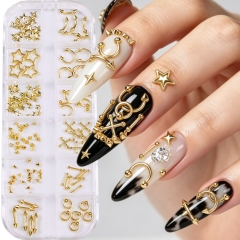 1box Punk Nail Piercing Charms Gold Silver Mixed Star 3D Nail Art Decoration Metal Manicure Decor Accessories