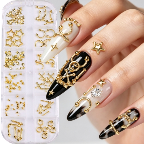 1box Punk Nail Piercing Charms Gold Silver Mixed Star 3D Nail Art Decoration Metal Manicure Decor Accessories