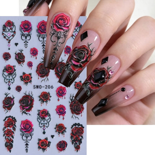 1pc Gothic Halloween Nail Art Stickers Blood Red Rose Purple Flower Ghost Bat Self-Adhesive Nail Decals DIY Manicure Decoration