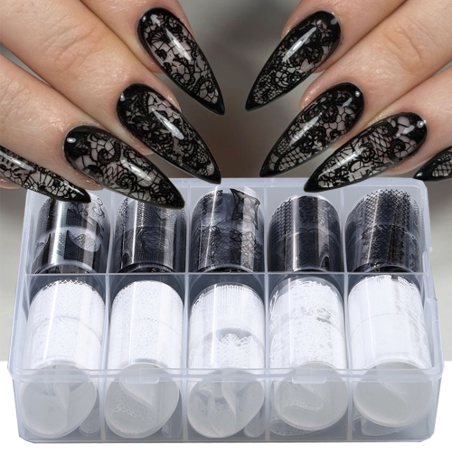 1box Black White Lace Flower Transfer Nail Foil Sexy Lace Floral Starry Nail Stickers DIY Retro Nail Art Decorations