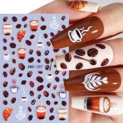 1pc Coffee Nail Stickers Latte Cup Croissant Coffee Bean Embossed Self-Adhesive Nail Decals Autumn Brown Manicure Decoration