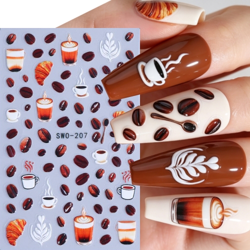 1pc Coffee Nail Stickers Latte Cup Croissant Coffee Bean Embossed Self-Adhesive Nail Decals Autumn Brown Manicure Decoration