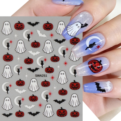 1pc Halloween Nail Stickers Gold Pumpkin Maple Leaf White Line Painting Pumpkin Design Nail Decals Autumn Cute Manicure Decor