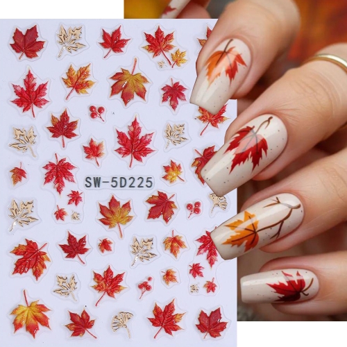 1pc 5D Embossed Maple Leaf Nail Art Stickers Autumn Red Maple Leaf Gold Vein Self-Adhesive Nail Decals Fall Manicure Decoration