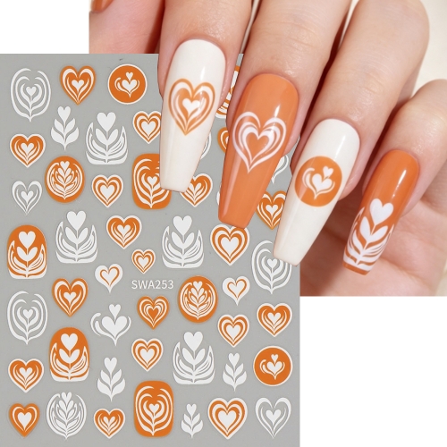 1pc Coffee Latte Heart Nail Stickers Orange White Abstract Love Heart Self Adhesive Nail Decals Autumn Winter Manicure Decor
