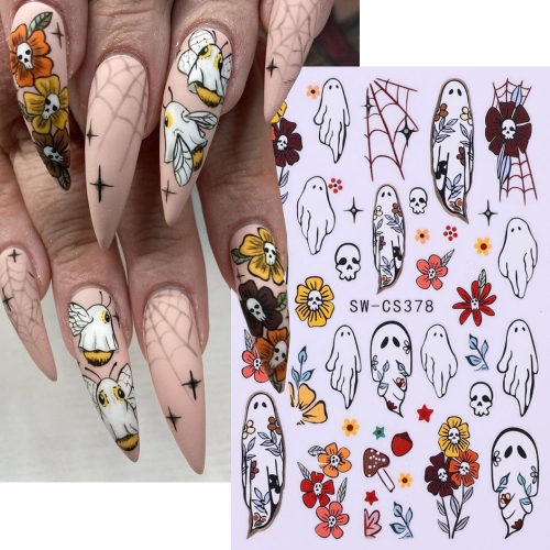 1pc Halloween Gothic Nail Stickers Cute Floral Ghost Western Cowboy Spooky Skull Flowers Pattern Decals Manicure Holiday Decor
