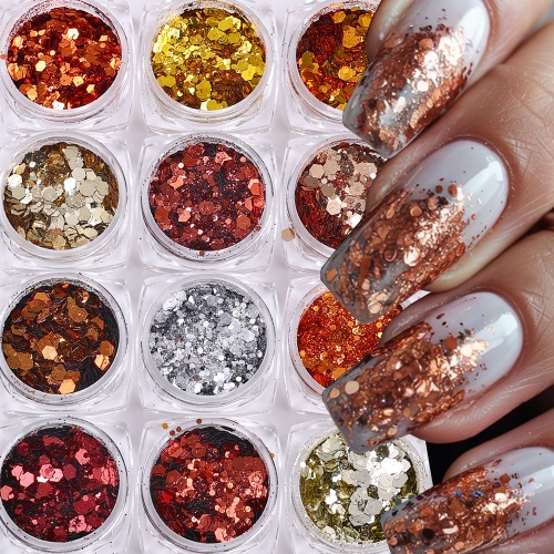 12colors/set or 1box Autumn Winter Fall Coffee Brown Nail Glitter Sequins Mixed Hexagon Flakes Manicure Charms Nail Art Decor 