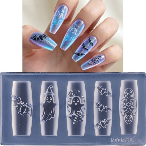 1pc Halloween Ghost Skeleton Dark Style + Chinese Dragon Boat Carving Template Silicone Nail Mold for Nail Art Decoration