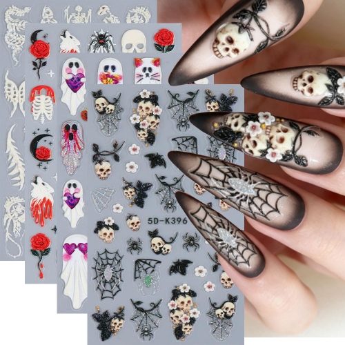 1pc 5D Embossed Halloween Nail Decals Cute Ghost Cat Orange Pumpkin Purple Heart Design Professional Nail Tech Party