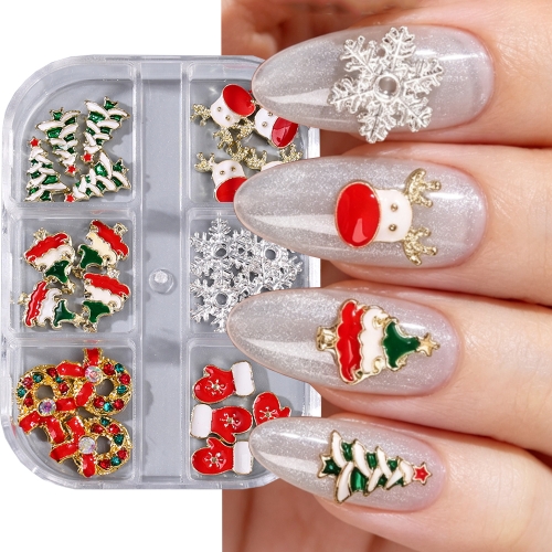 1box Christmas Alloy Nail Charms Metal Snowflake Tree Santa Bell Elk Mixed Ornaments New Year DIY Nail Manicure Decor