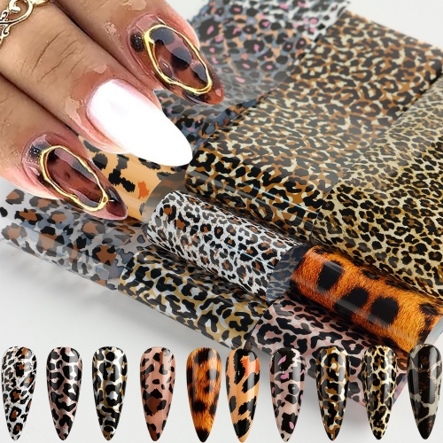 10pcs/bag Leopard Print Nail Foil Transfer Sticker Wild Cheetah Classic Animal Pattern for Fall Winter Sky Paper Foils Nail Decor