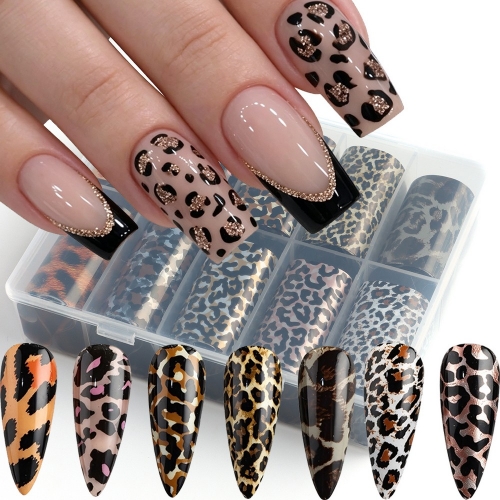  10Rolls/Box Brown Leopard Print Transfer Nail Foils Sticker Sexy Wild Animal Skin Nails Transfer Decals DIY Manicure Decoration