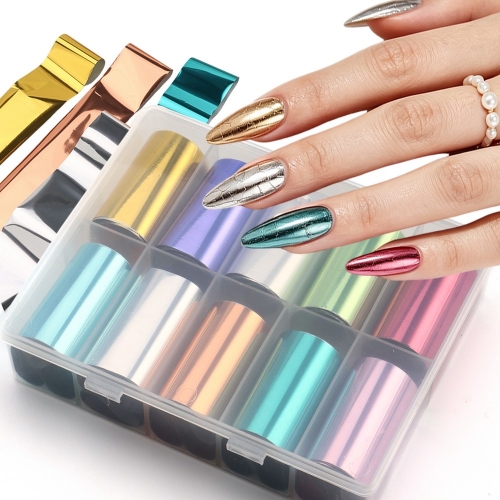 10rolls/box Metallic Nail Foil Transfer Stickers Mirror Holographic Metal Color Golden/Silvery/Green/Blue Nail Transfer Decor