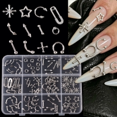 1box Punk Metallic Nail Art Charms Silvery C‑Shape Alloy Piercing Nail Studs Gothic Garbage Style DIY Manicure Decor