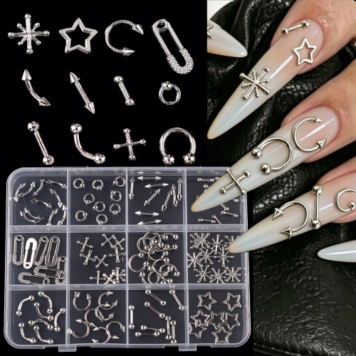 1box Punk Metallic Nail Art Charms Silvery C‑Shape Alloy Piercing Nail Studs Gothic Garbage Style DIY Manicure Decor