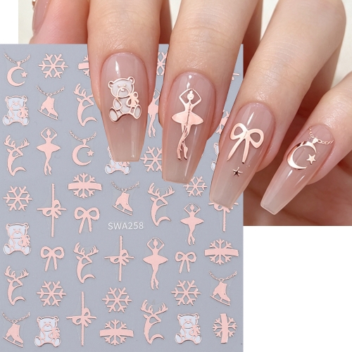 1pc Christmas Series Nail Art Stickers Gold Silver Elk Antlers Snowflakes Design Sparkle Glitter Xmas Manicure Decals