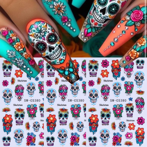 1pc Skull Nail Stickers Colorful Skull Florals Nail Decals Self Adhesive Gothic Skeleton Flower Halloween Manicure Decoration