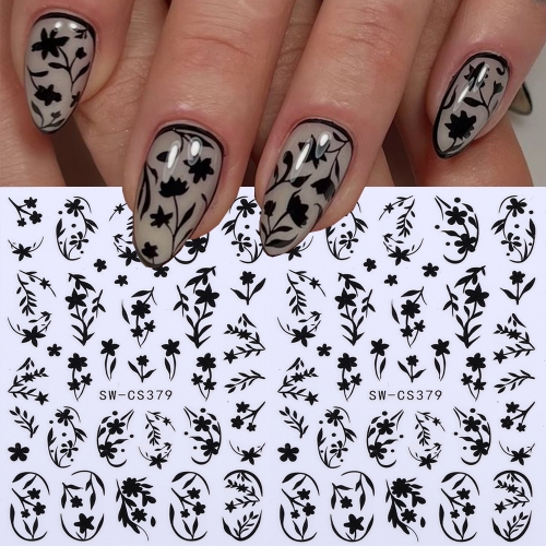 1pc Black Florals Nail Stickers Vintage Minimal Black Flower Leaf Pattern Self‑Adhesive Nail Decals Manicure Decoration Sliders