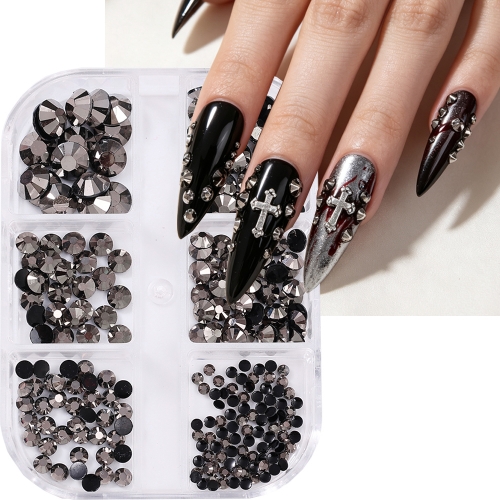1box Mineral Grey Nail Art Rhinestones Kit Flatback Round Bead Charm Gem Stones Jewelry Diamond with Tools for Nail Art