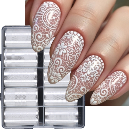 1box White Flower Lace Pattern Nail Art Foil Transfer Stickers Charming Floral Lace Totem Design Foil