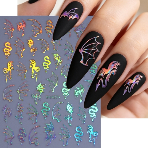 1pc Gothic Soaring Dragon Nail Sticker Holographic Metal Gold Bat Wings Adhesive Decal Laser Halloween Foils Manicure Decor