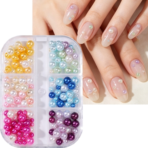 1box 3D Christmas Round Pearls Nail Charms Dopamine Colors Mixed-Sizes Pearl Beads Nails Art Decoration