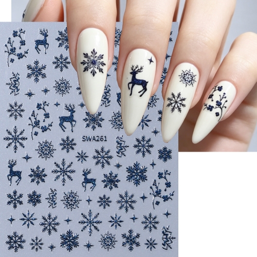 1pc Shimmer Winter Nail Stickers Sparkly Elk Snowflakes Plum Blossom Branches Adhesive Sliders Christmas Manicure Tips