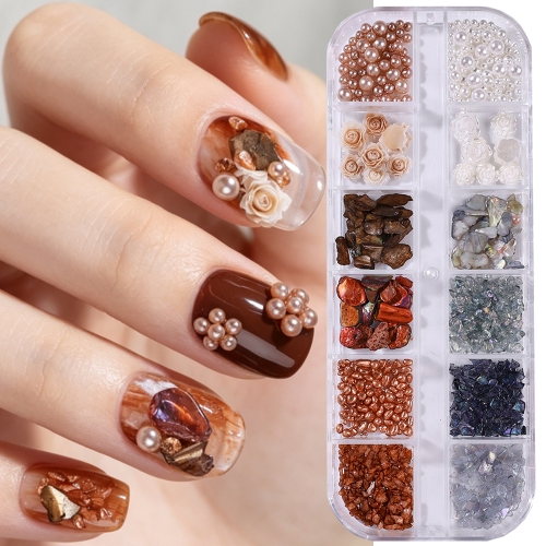 1box Vintage Autumn Winter Pearl Shell Nail Decor Brown 3D Rose Pearl Gravel Jewelry Mixed Aurora Stones Luxury Manicure Parts