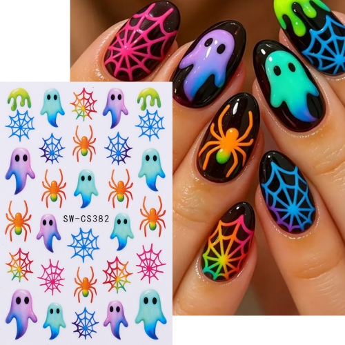 1pc Cute Gradient Ghost Nail Decals Spider Web Spooky Green Spiders Stickers Halloween Party Trending Manicure DIY Decor