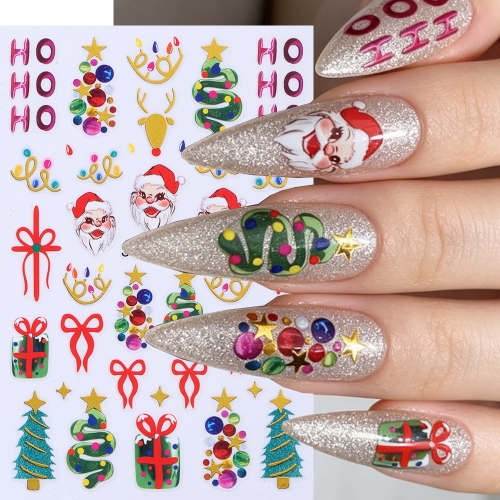 1pc Christmas Self-adhesive Nail Stickers Santa Claus Xmas Tree Bow Clock Holly Nail Decals Winter Holiday DIY Manicure Decor