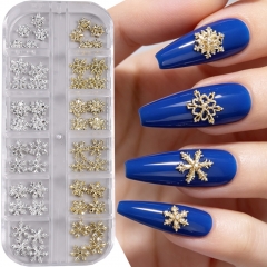 1box 3D Snowflake Nail Charms Metal Gold Silver Snowflakes Nail Rhinestones Christmas Manicure Decorations Accessories